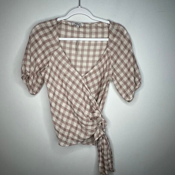 Madewell Tan Gingham Check Sweetheart Wrap Top Size Small - Picture 5 of 9